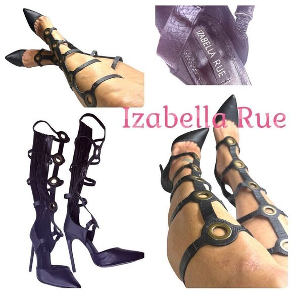 Izabella Rue Black Gladiator Stiletto Heels with Gold Ring Detail – Size 6.5, Gl - Picture 1 of 8